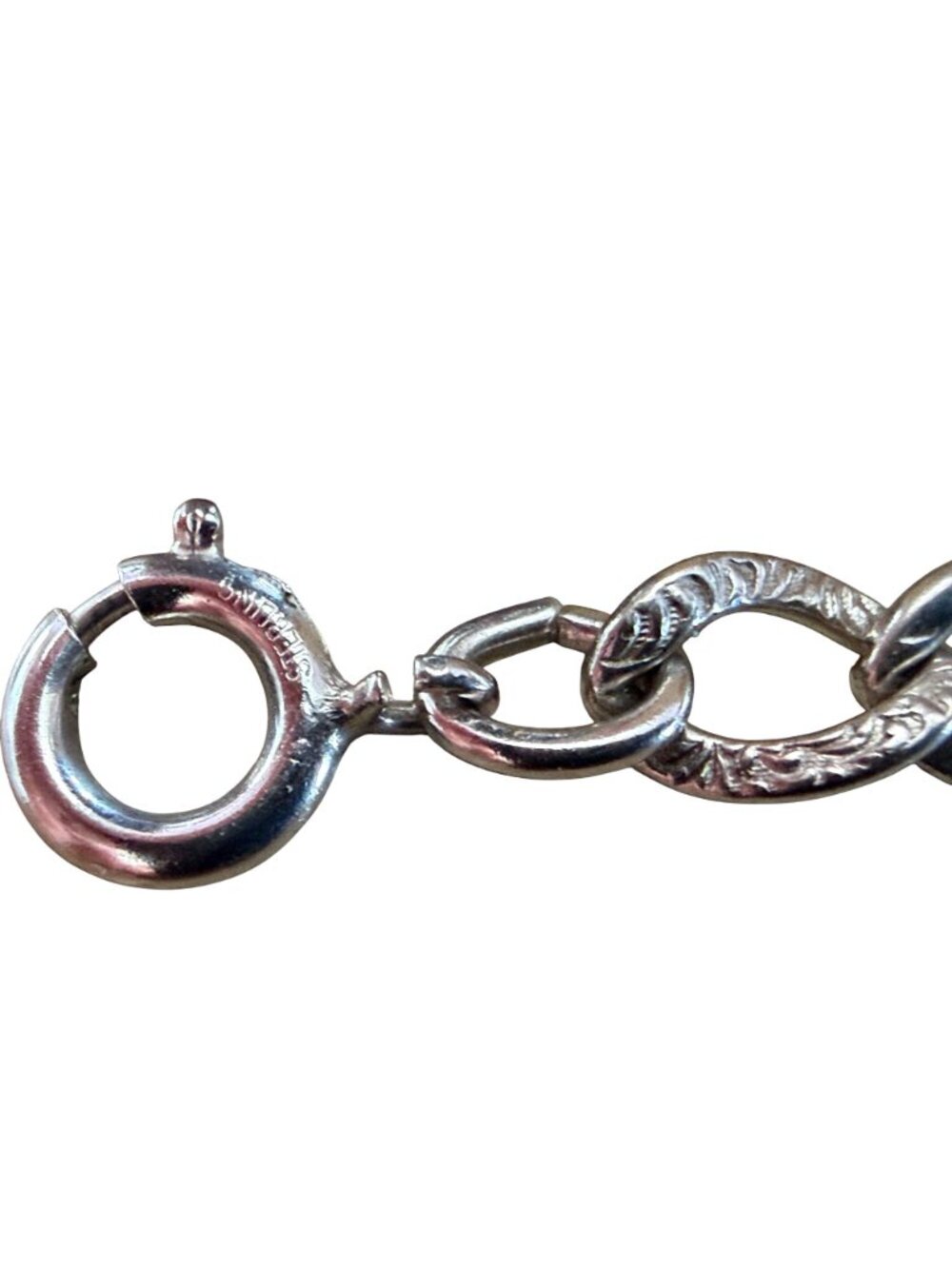 Vintage Sterling Silver Engraved Chain Charm Bracelet Spring-Ring Clasp 6.5" 9g - Picture 3 of 6